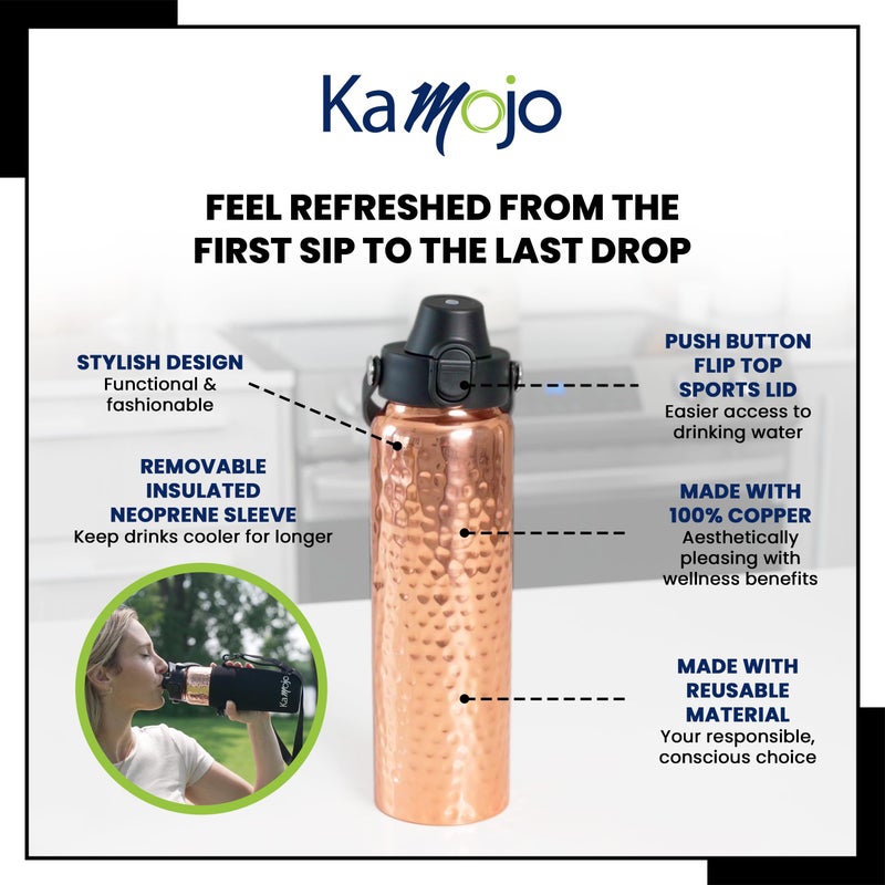 Kamojo Copper Water Bottle for Drinking - Hammered Pure Copper Water Bottle with Push Button Lid  Removable Insulating Sleeve & Copper Straw - Handcrafted Water Bottle Copper Cup 32 fl oz - Image 2